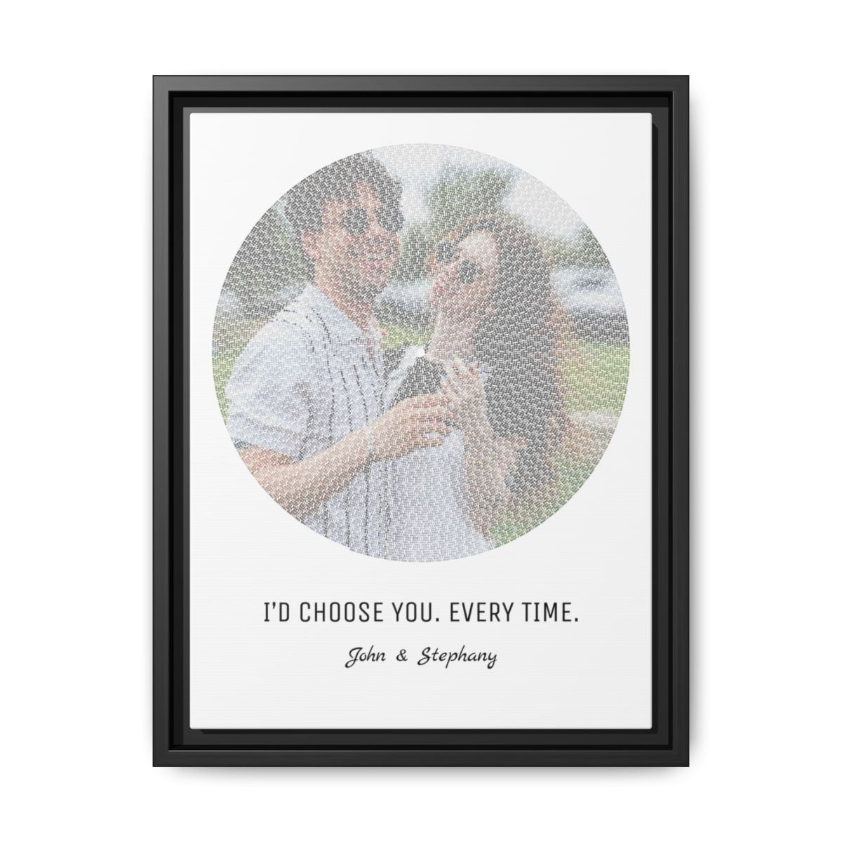 I Love You custom couple portrait canvas with black wood outer frame, personalized quote and names