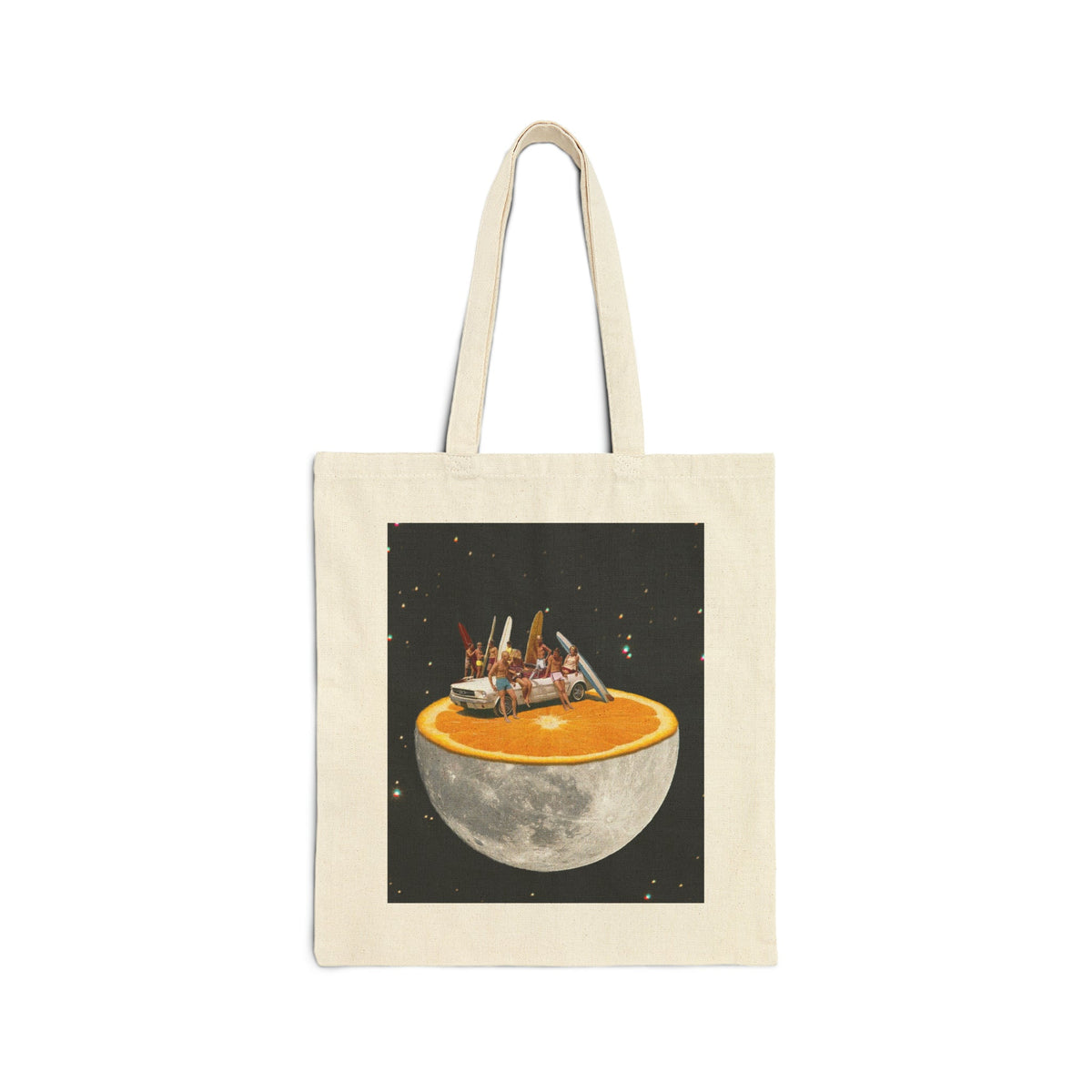 Cosmic Voyage artwork on a natural cotton canvas tote bag
