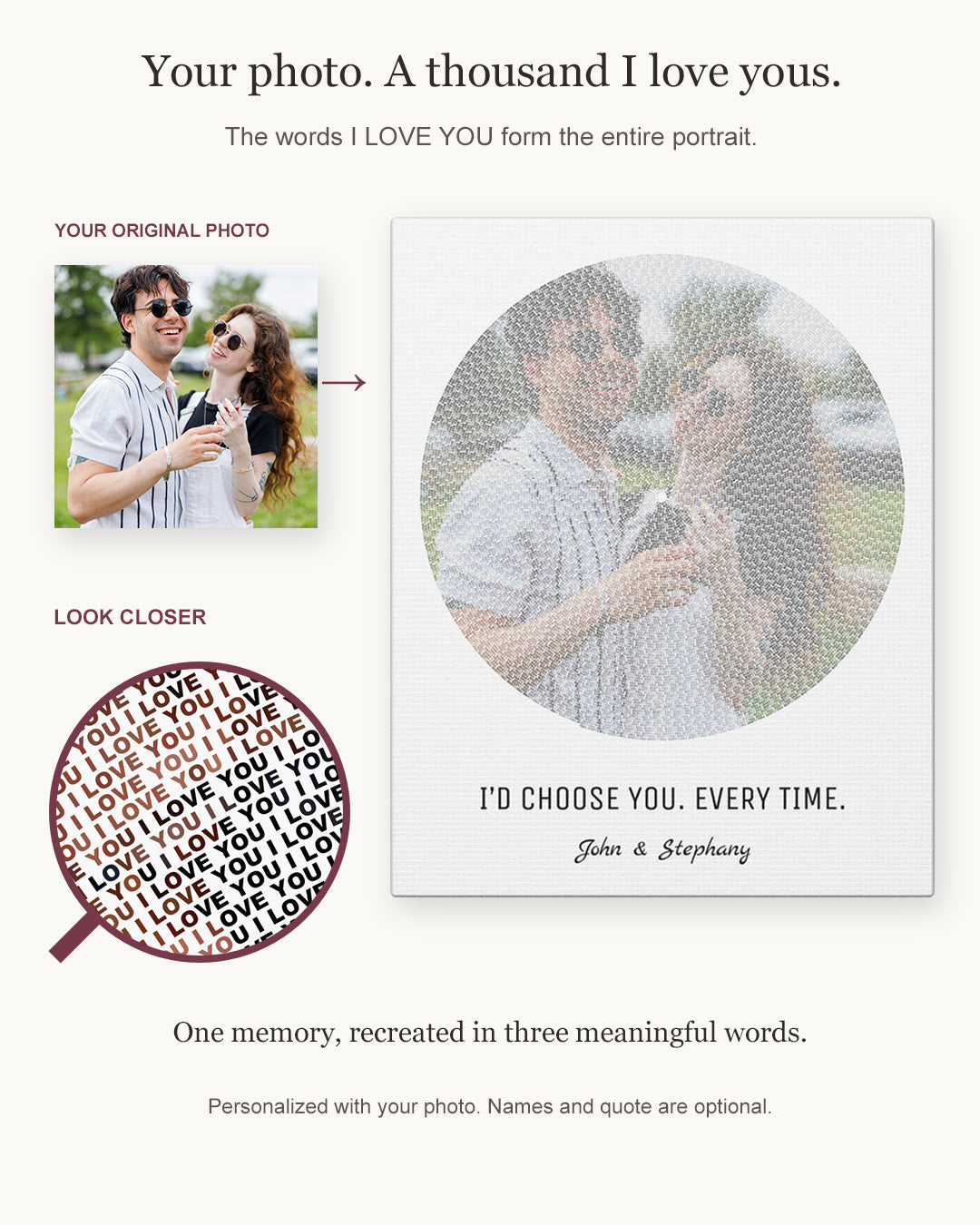 Original couple photo beside a custom canvas portrait made from repeated I LOVE YOU words
