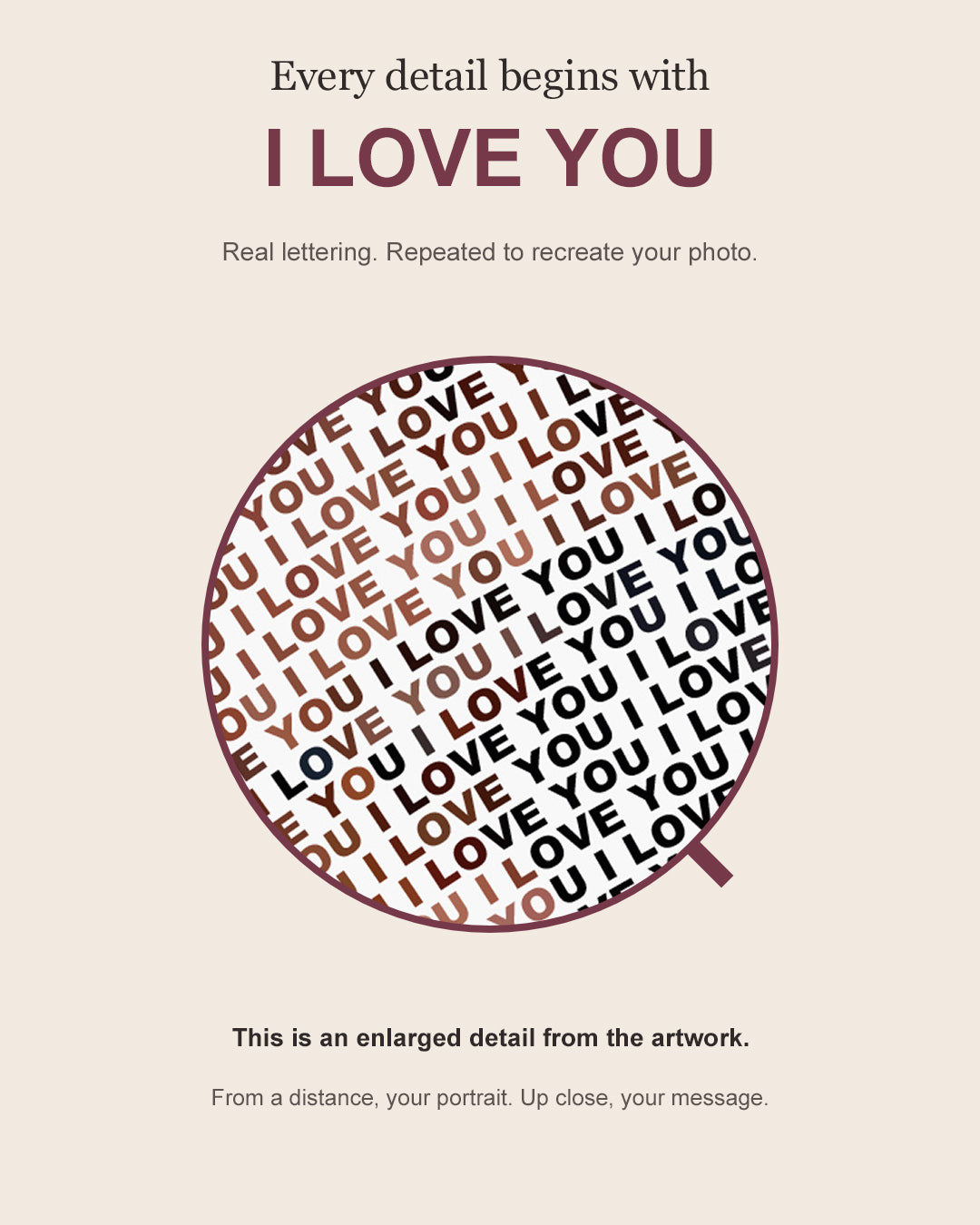 Close-up showing the actual I LOVE YOU lettering that forms the custom photo portrait