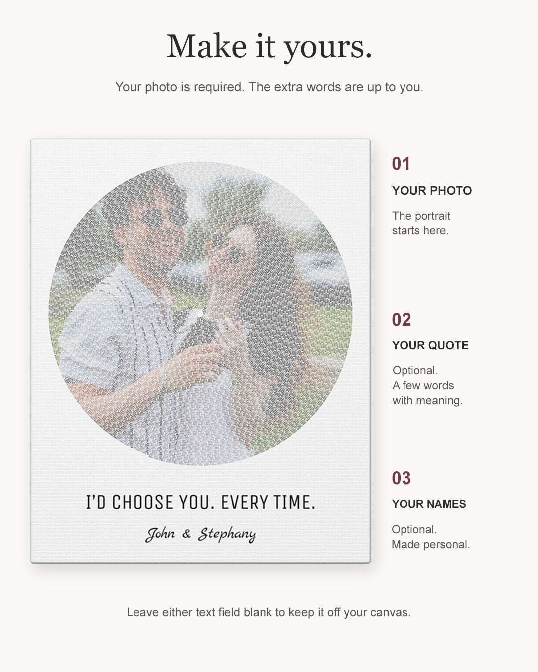 Personalize your canvas with a required photo, optional names and an optional quote